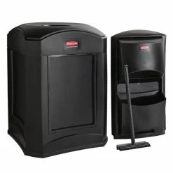 Rubbermaid Landmark Series 35 Gallon Black Rectangular Wastecan With Funnel Top, Panel Frame / Rigid Plastic Liner And Windshield Washing Kit