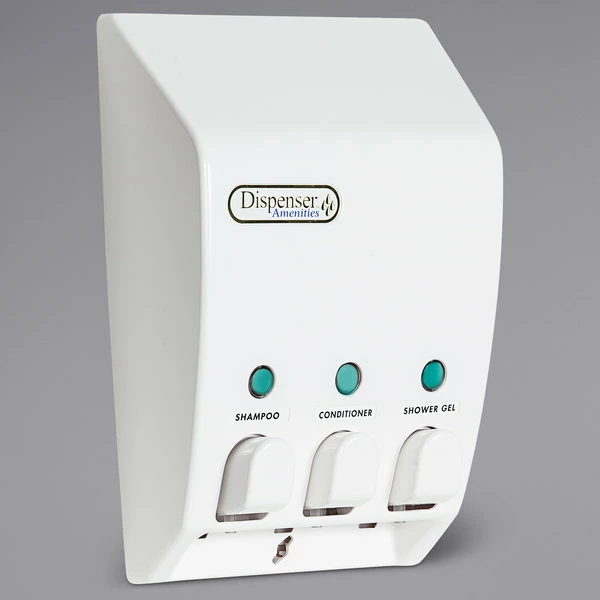 Dispenser Amenities, Inc. Dispenser Amenities 31350 Classic 43.5 Oz. White 3-Chamber Wall Mounted Locking Bulk Amenity Dispenser 1 Dispenser Amenities, Inc. Dispenser Amenities 31350 Classic 43.5 Oz. White 3-Chamber Wall Mounted Locking Bulk Amenity Dispenser
