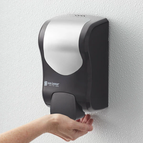 San Jamar SF970BKSS Summit Rely Black Manual Foam Hand Soap And Sanitizer Dispenser - 5 3/16" X 4" X 8 7/8" 1 San Jamar SF970BKSS Summit Rely Black Manual Foam Hand Soap And Sanitizer Dispenser - 5 3/16" X 4" X 8 7/8"