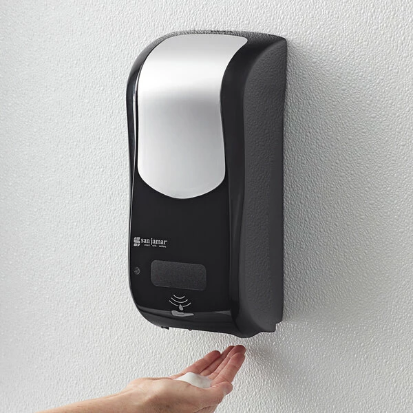 San Jamar SHF970BKSS Summit Rely Black Hybrid Automatic Foam Hand Soap And Sanitizer Dispenser - 5 1/2" X 4" X 12" 1 San Jamar SHF970BKSS Summit Rely Black Hybrid Automatic Foam Hand Soap And Sanitizer Dispenser - 5 1/2" X 4" X 12"