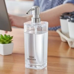 American Metalcraft DPS17 17 Oz. Clear Plastic Square Refillable Hand Sanitizer Dispenser With Silkscreen And Stainless Steel Pump